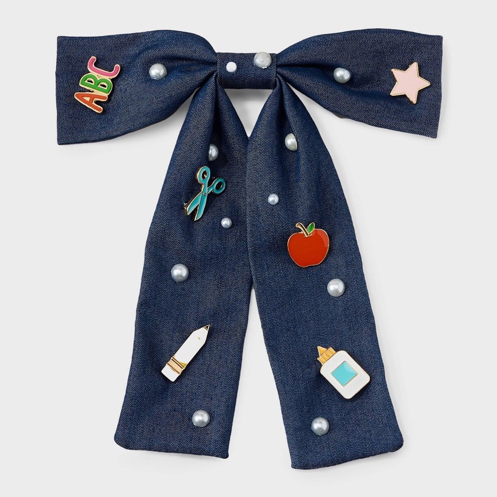 Teacher nwt Icon Apple Pencil Glue Bottle Charm Denim Hair Bow Clip - Multicolor